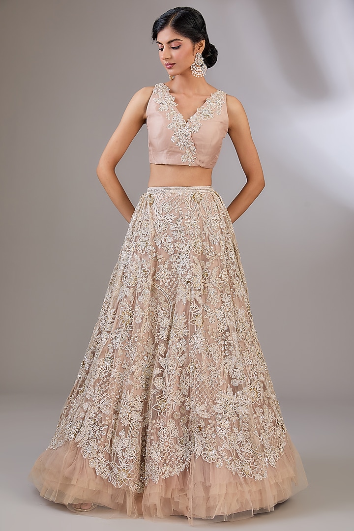 Champagne Net Embroidered Jacket Bridal Lehenga Set by Ridhi Mehra at Pernia's Pop Up Shop