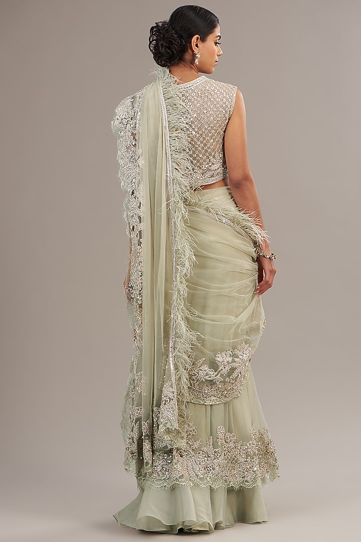 Silver Green Net Feather Embellished Bridal Saree Set by Ridhi Mehra at Pernia's Pop Up Shop