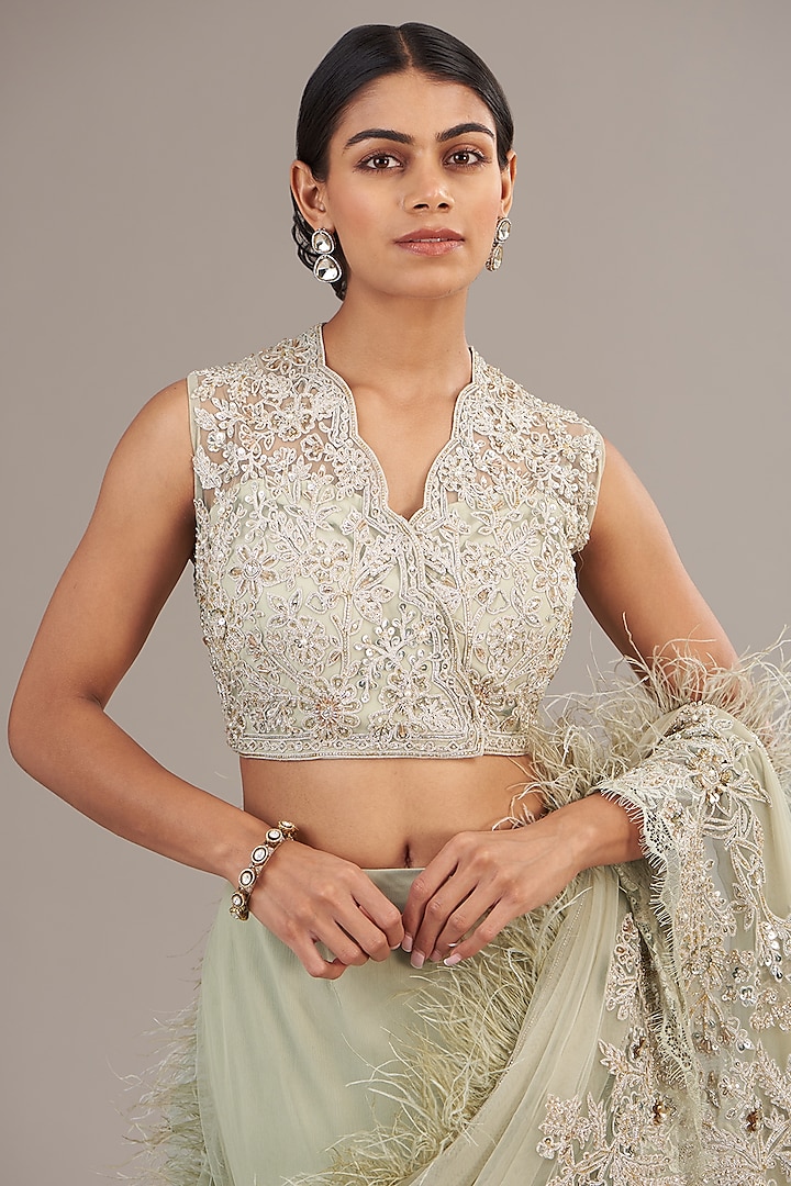 Silver Green Net Feather Embellished Bridal Saree Set by Ridhi Mehra at Pernia's Pop Up Shop