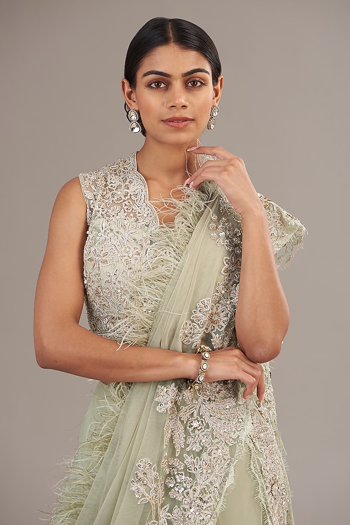 Silver Green Net Feather Embellished Bridal Saree Set by Ridhi Mehra at Pernia's Pop Up Shop