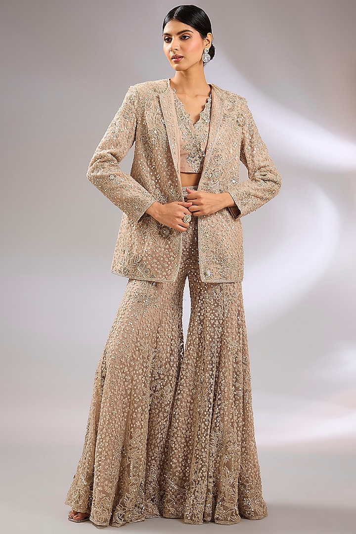 Champagne Net Floral Embroidered Jacket Set by Ridhi Mehra at Pernia's Pop Up Shop