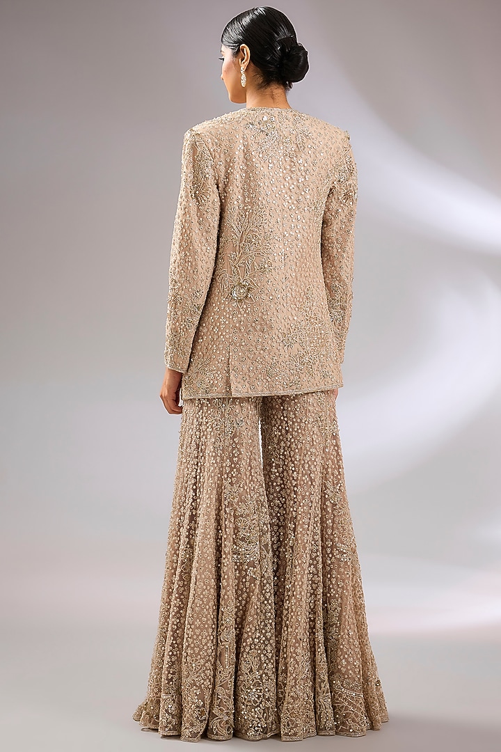 Champagne Net Floral Embroidered Jacket Set by Ridhi Mehra at Pernia's Pop Up Shop