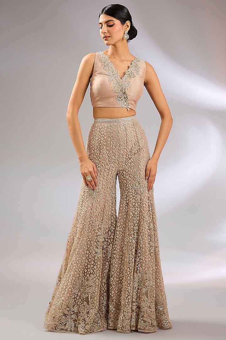 Champagne Net Floral Embroidered Jacket Set by Ridhi Mehra at Pernia's Pop Up Shop