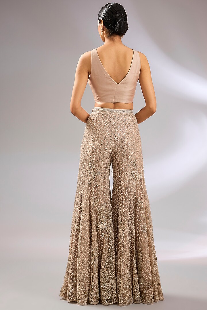 Champagne Net Floral Embroidered Jacket Set by Ridhi Mehra at Pernia's Pop Up Shop