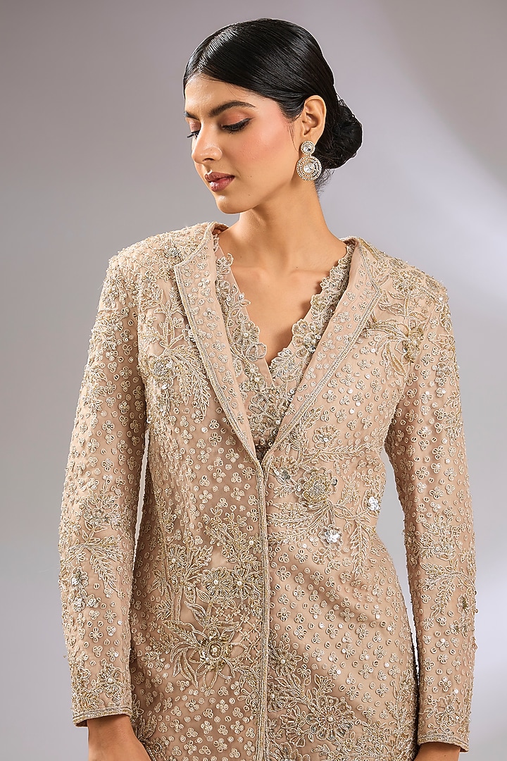 Champagne Net Floral Embroidered Jacket Set by Ridhi Mehra at Pernia's Pop Up Shop