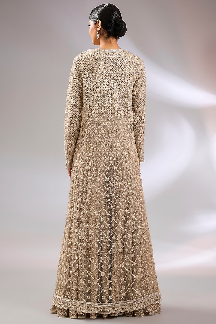 Champagne Net Floral Embroidered Jacket Set by Ridhi Mehra at Pernia's Pop Up Shop