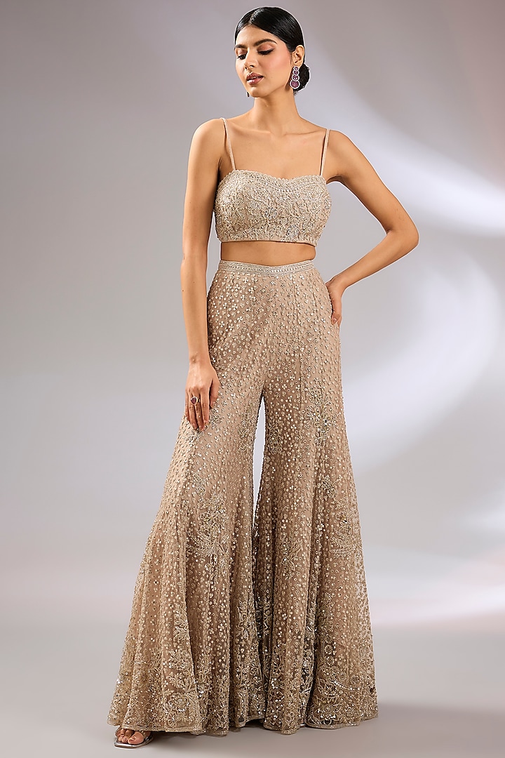 Champagne Net Floral Embroidered Jacket Set by Ridhi Mehra at Pernia's Pop Up Shop