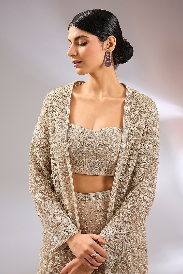 Champagne Net Floral Embroidered Jacket Set by Ridhi Mehra at Pernia's Pop Up Shop