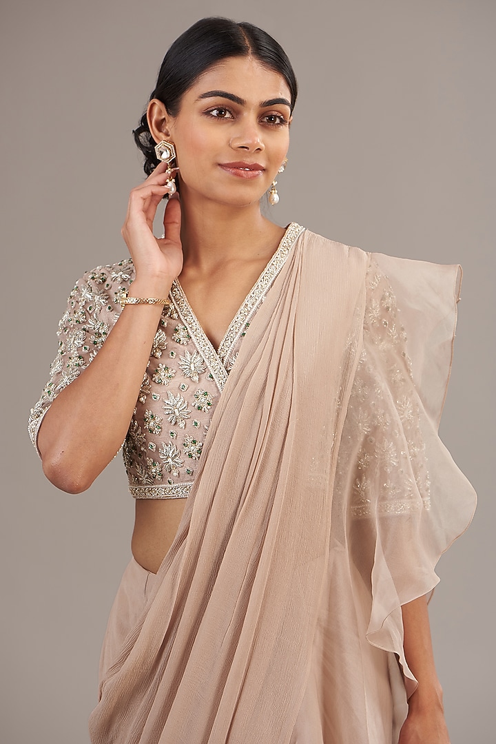 Champagne Chiffon & Organza Pre-Draped Ruffled Reception Saree Set by Ridhi Mehra at Pernia's Pop Up Shop