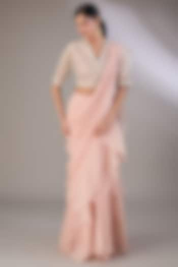 Dusty Pink Chiffon & Organza Pre-Draped Ruffled Saree Set by Ridhi Mehra at Pernia's Pop Up Shop