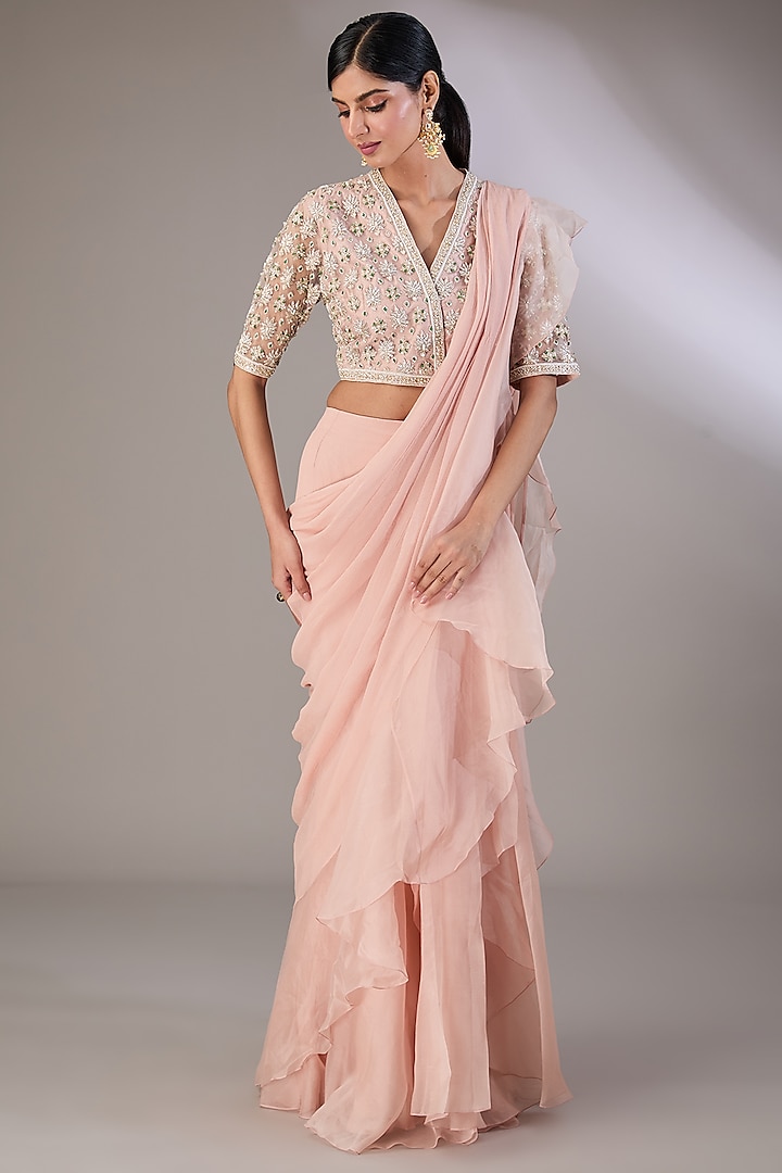 Dusty Pink Chiffon & Organza Pre-Draped Ruffled Saree Set by Ridhi Mehra at Pernia's Pop Up Shop