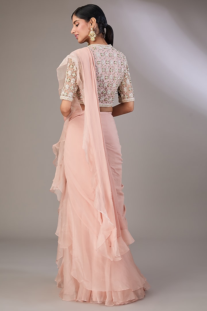 Dusty Pink Chiffon & Organza Pre-Draped Ruffled Reception Saree Set by Ridhi Mehra at Pernia's Pop Up Shop