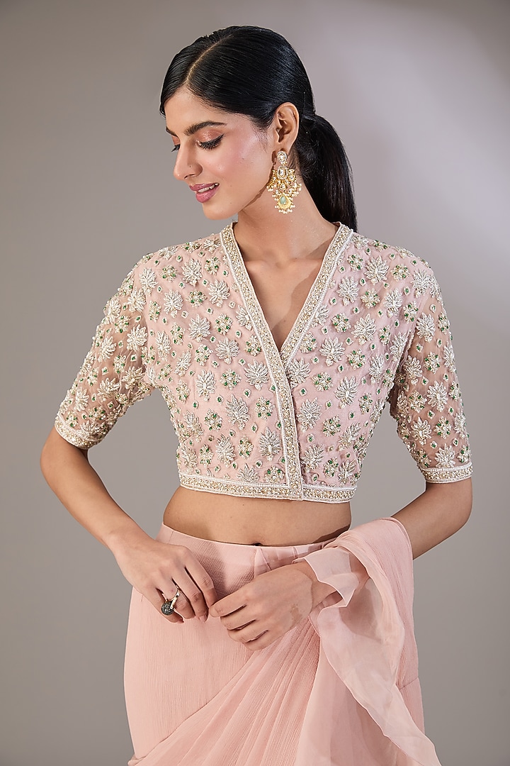 Dusty Pink Chiffon & Organza Pre-Draped Ruffled Reception Saree Set by Ridhi Mehra at Pernia's Pop Up Shop