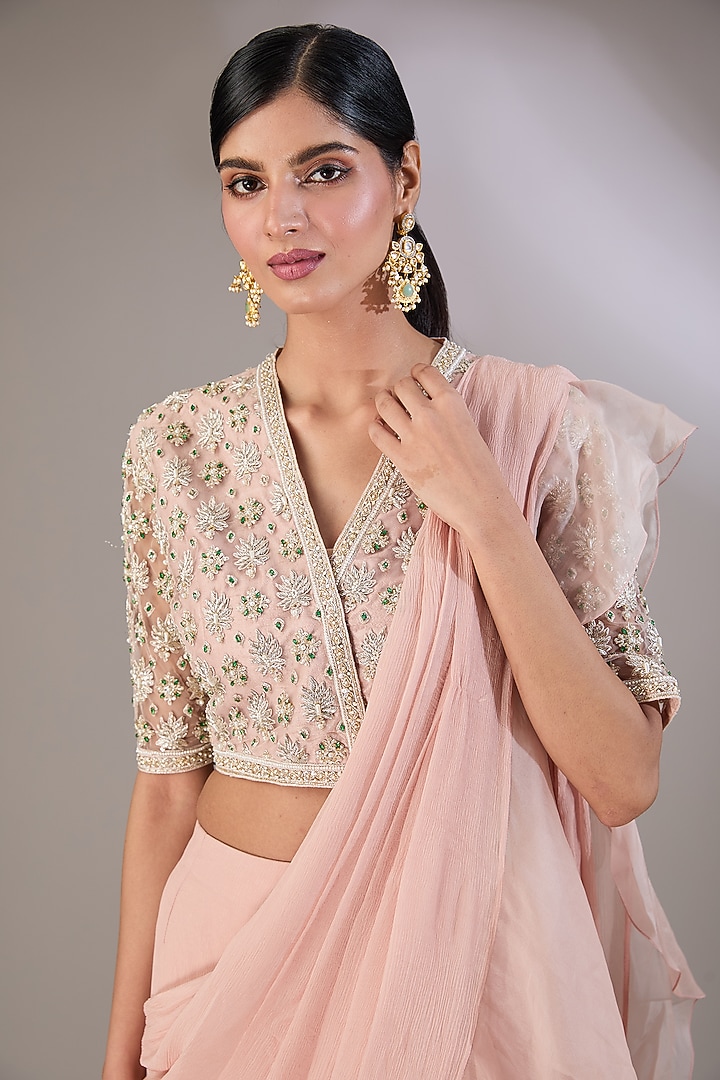 Dusty Pink Chiffon & Organza Pre-Draped Ruffled Reception Saree Set by Ridhi Mehra at Pernia's Pop Up Shop