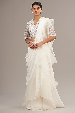 Ivory Chiffon & Organza Pre-Draped Ruffled Saree Set by Ridhi Mehra