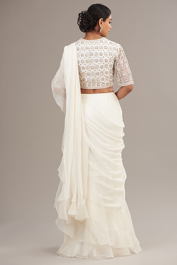 Ivory Chiffon & Organza Pre-Draped Ruffled Reception Saree Set by Ridhi Mehra at Pernia's Pop Up Shop
