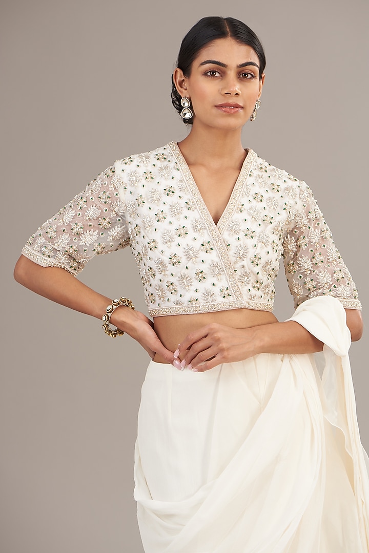 Ivory Chiffon & Organza Pre-Draped Ruffled Reception Saree Set by Ridhi Mehra at Pernia's Pop Up Shop