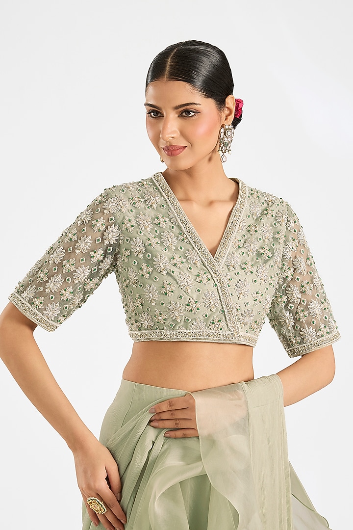 Silver Chiffon & Organza Pre-draped Ruffled Reception Saree Set by Ridhi Mehra at Pernia's Pop Up Shop