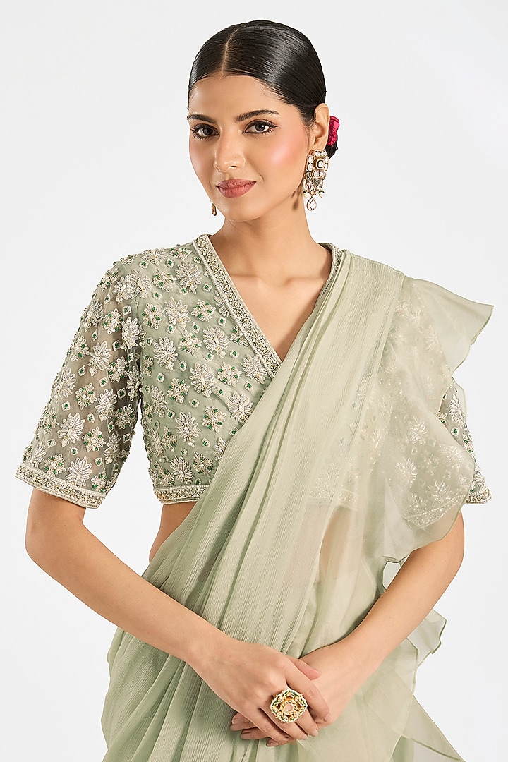Silver Chiffon & Organza Pre-draped Ruffled Reception Saree Set by Ridhi Mehra at Pernia's Pop Up Shop
