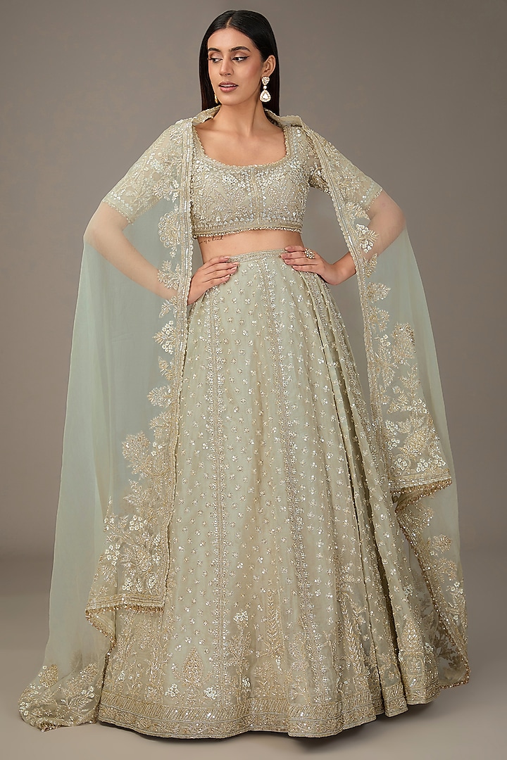 Silver Green Organza Tree-Motif Embroidered Bridal Lehenga Set by Ridhi Mehra at Pernia's Pop Up Shop