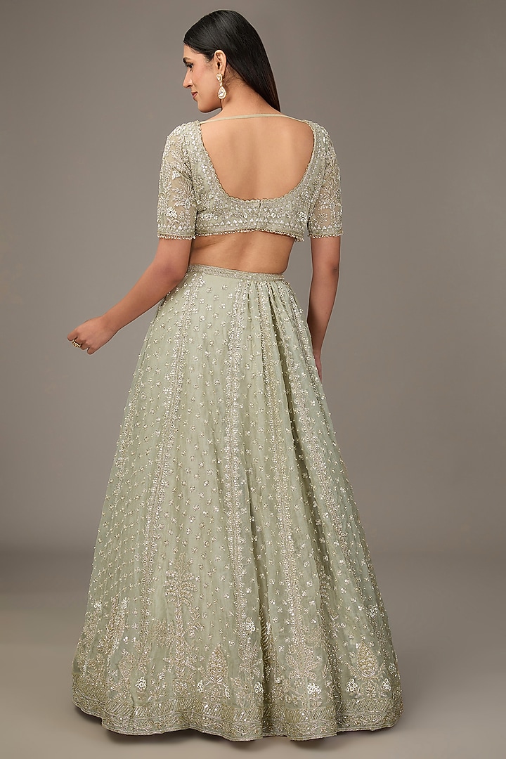 Silver Green Organza Tree-Motif Embroidered Bridal Lehenga Set by Ridhi Mehra at Pernia's Pop Up Shop