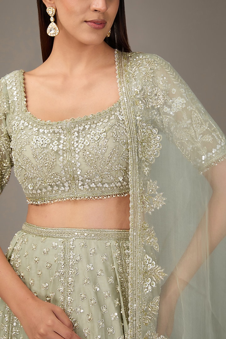 Silver Green Organza Tree-Motif Embroidered Bridal Lehenga Set by Ridhi Mehra at Pernia's Pop Up Shop