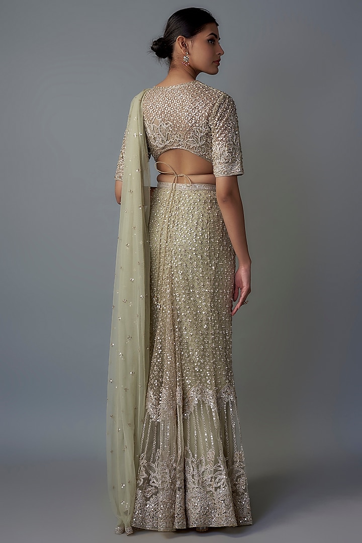 Silver Green Net Motifs Embroidered Skirt Bridal Saree Set by Ridhi Mehra at Pernia's Pop Up Shop