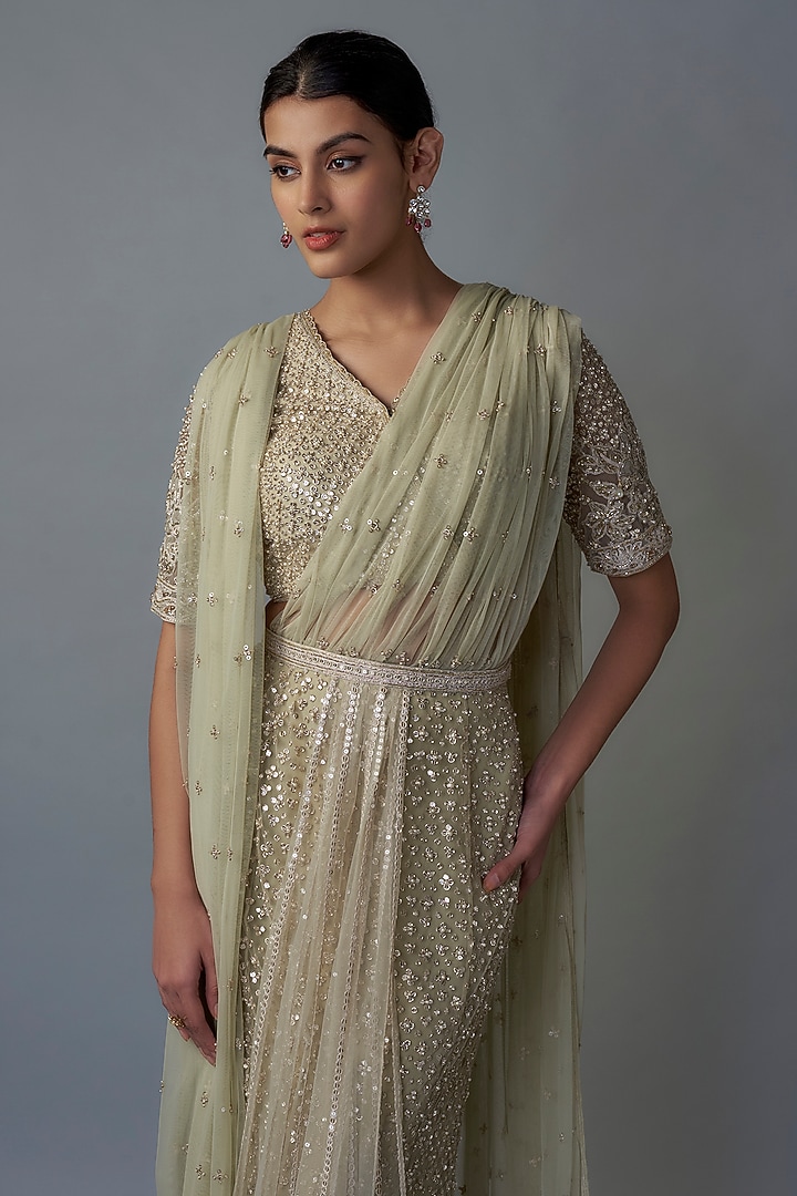 Silver Green Net Motifs Embroidered Skirt Bridal Saree Set by Ridhi Mehra at Pernia's Pop Up Shop
