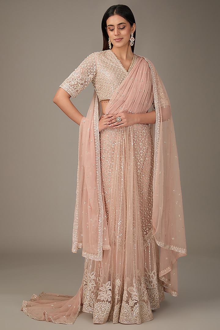 Dusty Pink Net Motif Embroidered Pre-Draped Skirt Saree Set by Ridhi Mehra at Pernia's Pop Up Shop