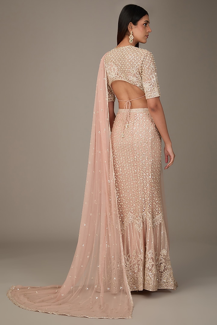 Dusty Pink Net Motif Embroidered Pre-Draped Skirt Bridal Saree Set by Ridhi Mehra at Pernia's Pop Up Shop