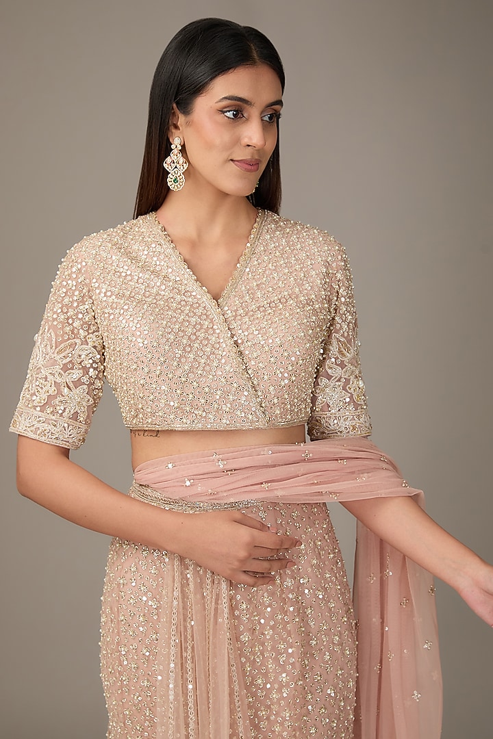 Dusty Pink Net Motif Embroidered Pre-Draped Skirt Bridal Saree Set by Ridhi Mehra at Pernia's Pop Up Shop