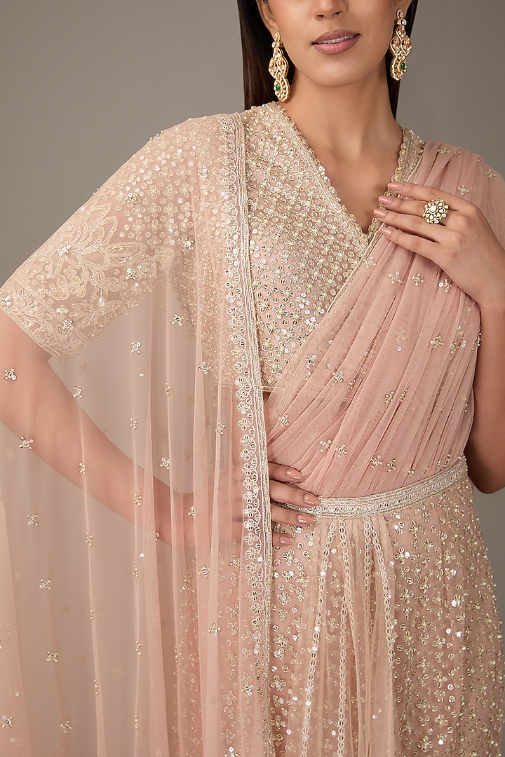 Dusty Pink Net Motif Embroidered Pre-Draped Skirt Bridal Saree Set by Ridhi Mehra at Pernia's Pop Up Shop
