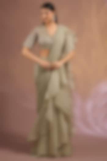 Silver & Green Chiffon Ruffled Pre-Draped Reception Saree Set by Ridhi Mehra at Pernia's Pop Up Shop