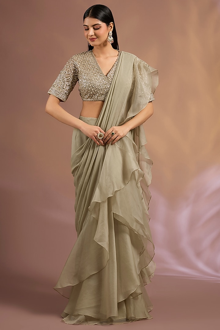 Silver & Green Chiffon Ruffled Pre-Draped Reception Saree Set by Ridhi Mehra at Pernia's Pop Up Shop
