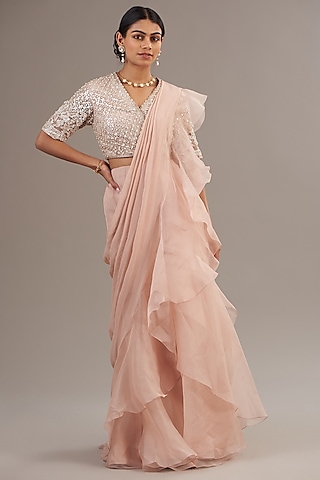 Dusty Pink Chiffon & Organza Pre-Draped Ruffled Saree Set by Ridhi Mehra