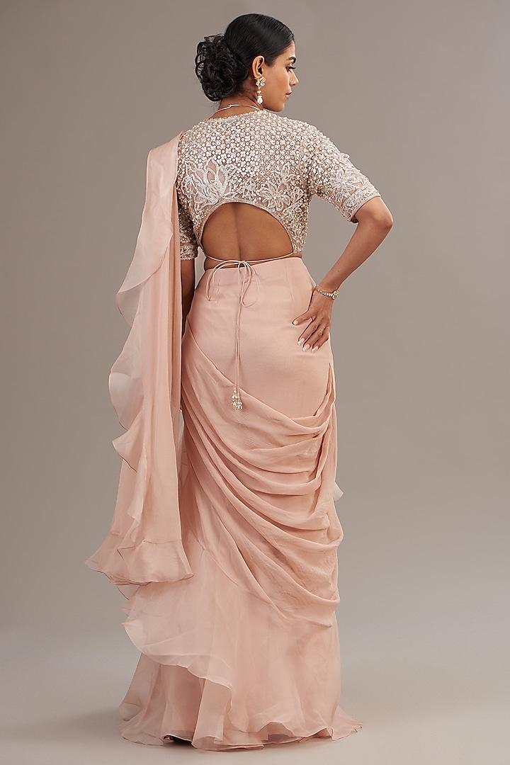 Dusty Pink Chiffon & Organza Pre-Draped Ruffled Reception Saree Set by Ridhi Mehra at Pernia's Pop Up Shop
