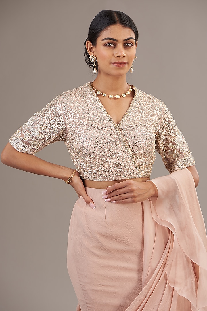 Dusty Pink Chiffon & Organza Pre-Draped Ruffled Reception Saree Set by Ridhi Mehra at Pernia's Pop Up Shop