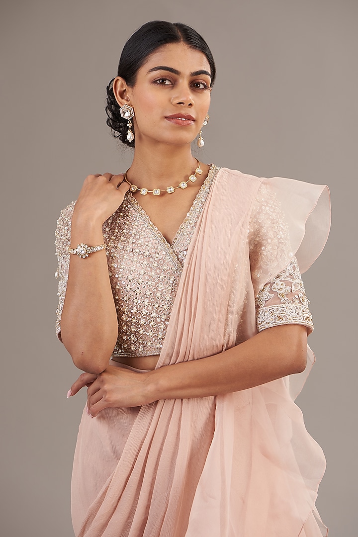 Dusty Pink Chiffon & Organza Pre-Draped Ruffled Reception Saree Set by Ridhi Mehra at Pernia's Pop Up Shop