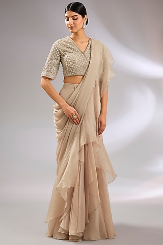 Champagne Chiffon & Organza Pre-Draped Ruffled Saree Set by Ridhi Mehra