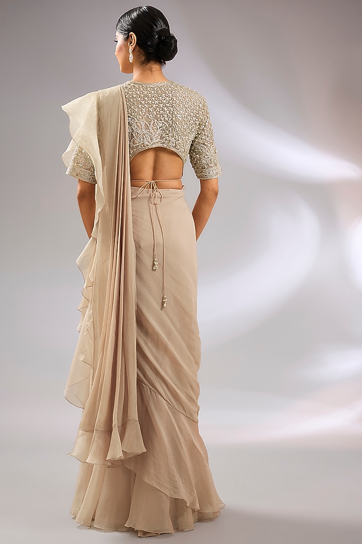Champagne Chiffon & Organza Pre-Draped Ruffled Reception Saree Set by Ridhi Mehra at Pernia's Pop Up Shop