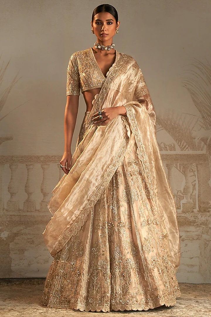 Gold Tissue Monotone Threadwork Bridal lehenga for 22 Lehenga Set by Ridhi Mehra at Pernia's Pop Up Shop