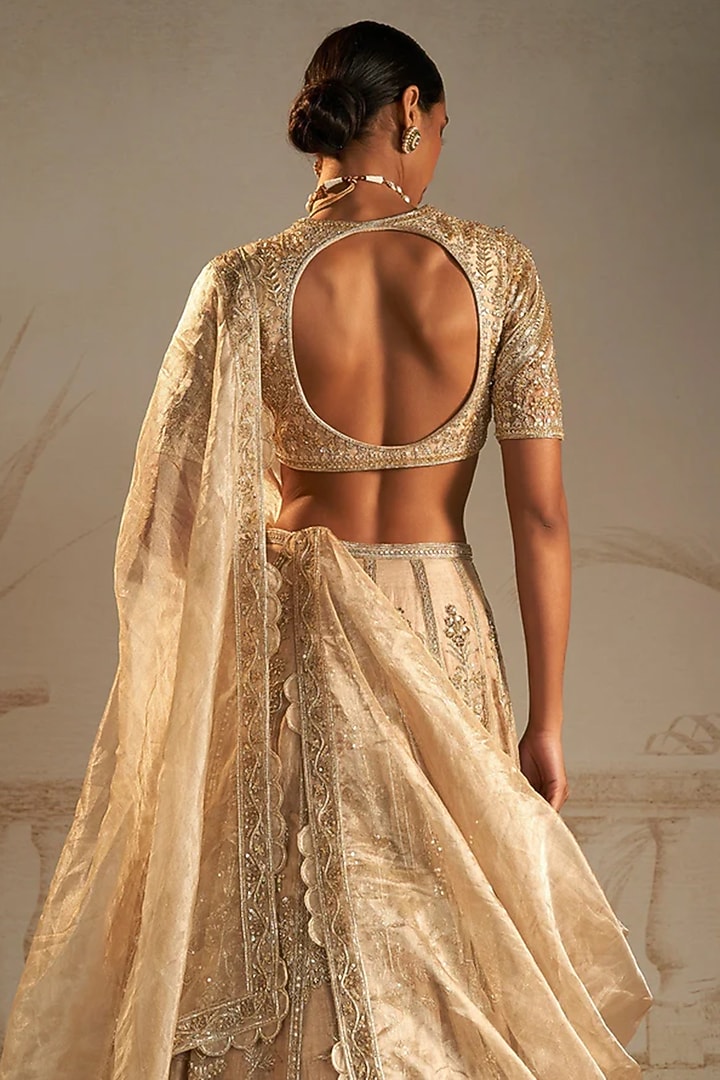 Gold Tissue Monotone Threadwork Bridal Lehenga Set by Ridhi Mehra at Pernia's Pop Up Shop