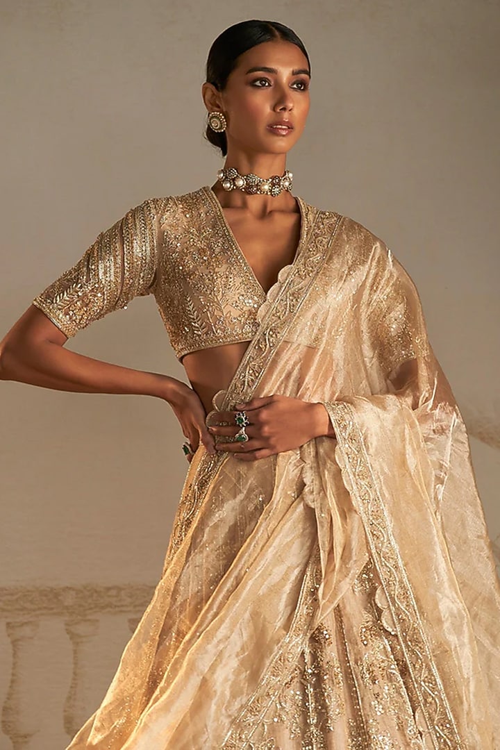 Gold Tissue Monotone Threadwork Bridal Lehenga Set by Ridhi Mehra at Pernia's Pop Up Shop