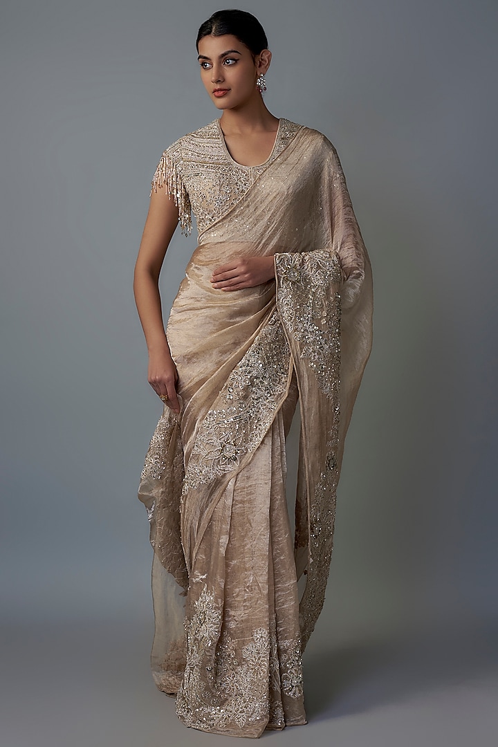 Gold Tissue Threadwork & Embroidered Saree Set by Ridhi Mehra at Pernia's Pop Up Shop