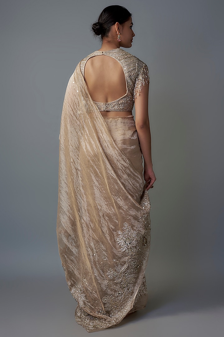 Gold Tissue Threadwork & Embroidered Bridal Saree Set by Ridhi Mehra at Pernia's Pop Up Shop