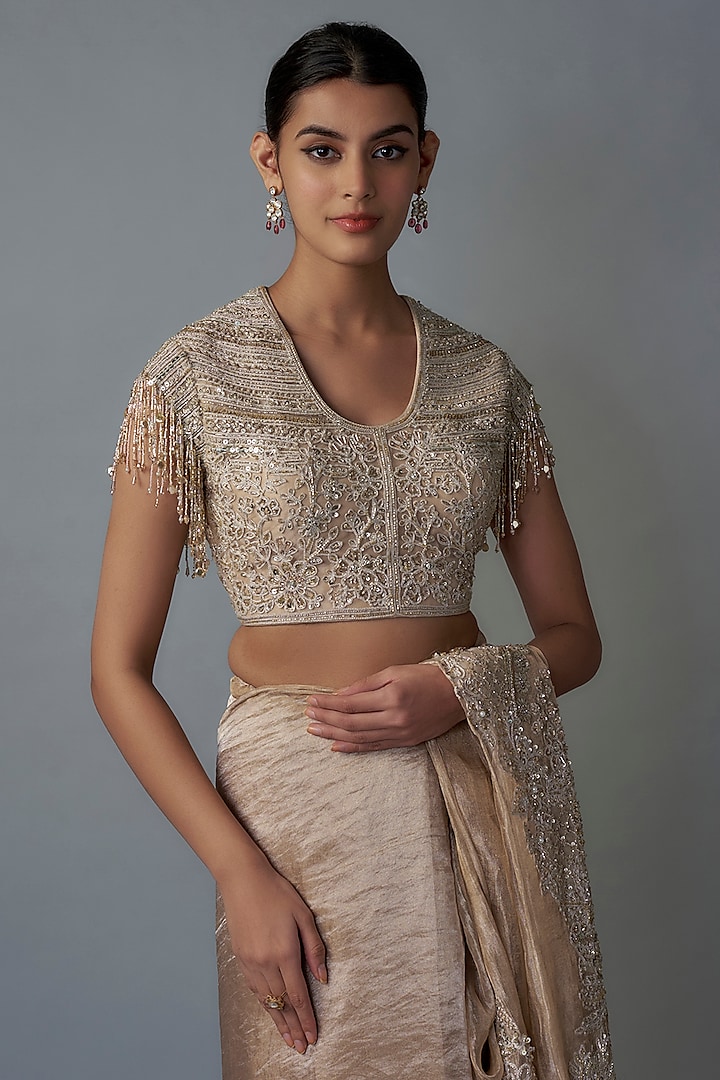 Gold Tissue Threadwork & Embroidered Bridal Saree Set by Ridhi Mehra at Pernia's Pop Up Shop