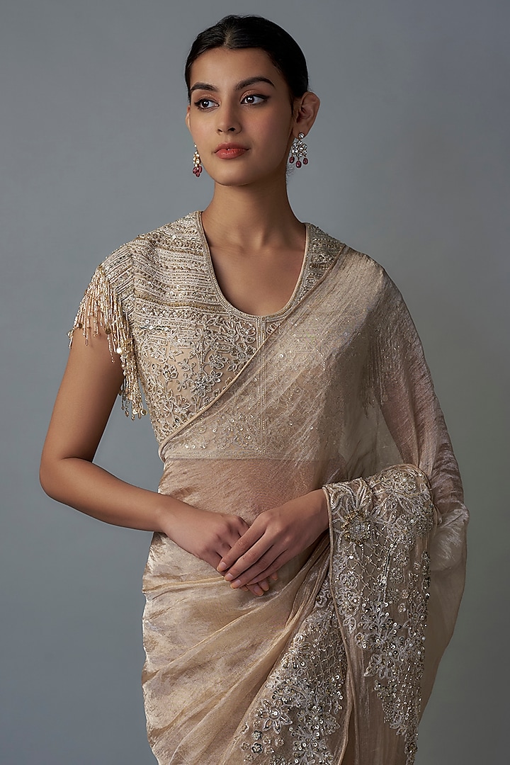Gold Tissue Threadwork & Embroidered Bridal Saree Set by Ridhi Mehra at Pernia's Pop Up Shop