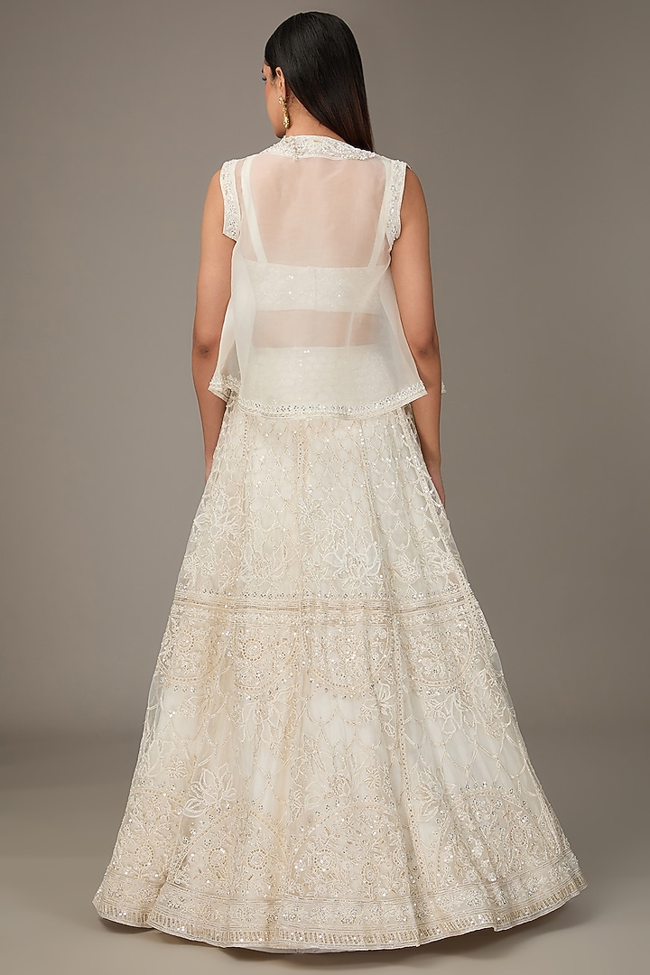 Ivory Net Thread Embroidered Jacket Bridal Lehenga Set by Ridhi Mehra at Pernia's Pop Up Shop