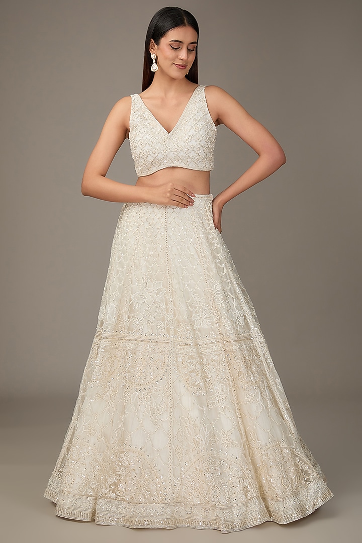 Ivory Net Thread Embroidered Jacket Bridal Lehenga Set by Ridhi Mehra at Pernia's Pop Up Shop