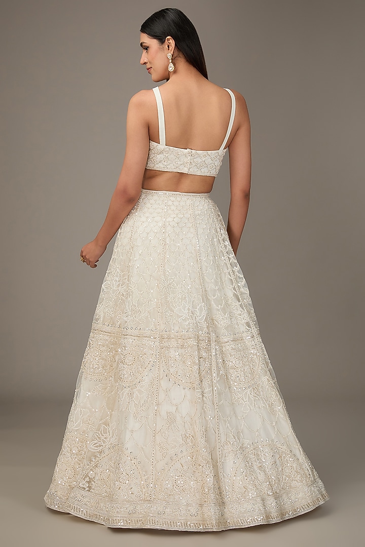 Ivory Net Thread Embroidered Jacket Bridal Lehenga Set by Ridhi Mehra at Pernia's Pop Up Shop